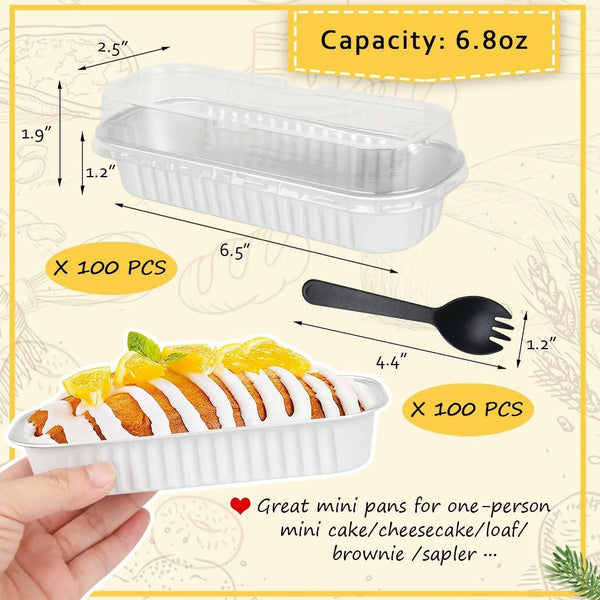 Mini Loaf Cake Pans with Lids 100 Pack, Small Foil Baking Tins | 6.8Oz Rectangle, White, Disposable Aluminum Cake Cups, Individual Dessert Containers for Wedding, Bake Sales3