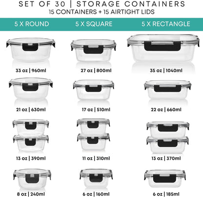 30 PC Glass Food Storage Containers with Lids - Reusable Glass Meal Prep Containers for Lunch and Leftovers - Airtight & Leakproof Snap Locking Lids - Oven, Freezer, Microwave, Dishwasher Safe2
