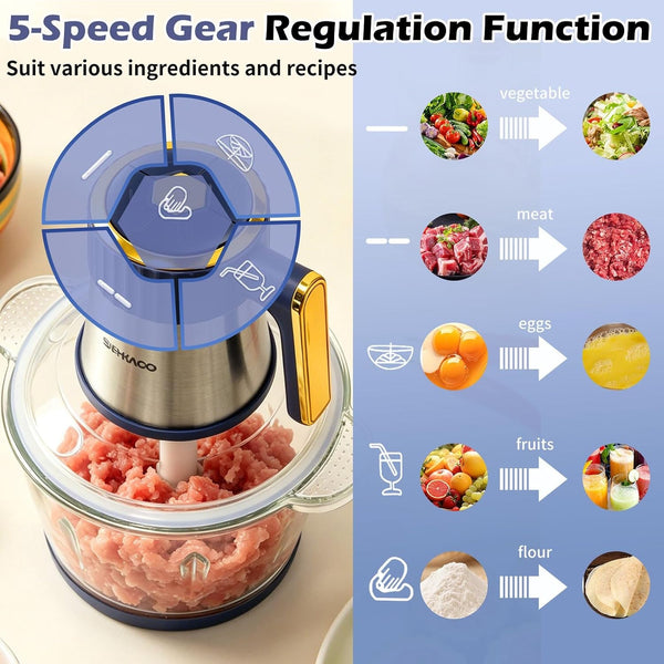 Food Processor,5-Speed Food Chopper Meat Grinder with 12 Cup Stainless Steel & 12 Cup Glass Bowls,500W Powerful Vegetable Chopper Used for Meat, Nuts, Fruits,Dough Mixing and Garlic3