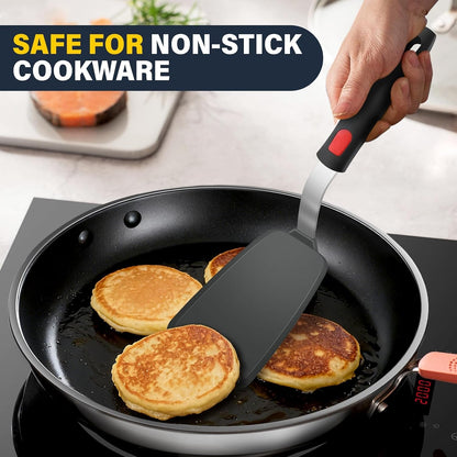 Silicone Spatula Set, Heat Resistant Solid & Slotted Turner for Non-Stick Pans, Silicone Cooking Utensils Set, Bpa-Free, Flexible Spatula Turner for Flipping Eggs, Burgers, Pancakes, Black, 3 PCS-A5