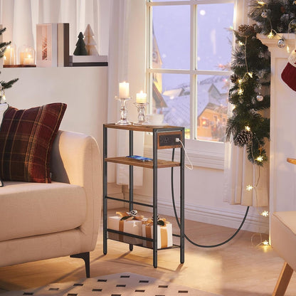 Small Narrow Side Table with Charging Station, Skinny End Table for Small Spaces, Slim Nightstand with USB Ports Outlet, Sofa beside Table with Storage Shelf, Rustic Brown and Black BF102UBZ012