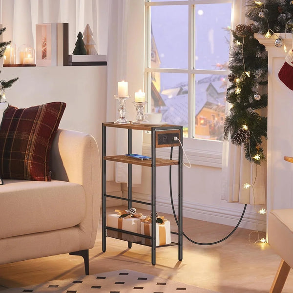 Small Narrow Side Table with Charging Station, Skinny End Table for Small Spaces, Slim Nightstand with USB Ports Outlet, Sofa beside Table with Storage Shelf, Rustic Brown and Black BF102UBZ012