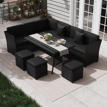 7 Piece Patio Furniture Set, Outdoor PE Wicker Rattan Outdoor Dining Set, Patio Table and Chairs Set, Patio Conversation Sofa Set with Dining Table and Ottoman(Black-Black)1