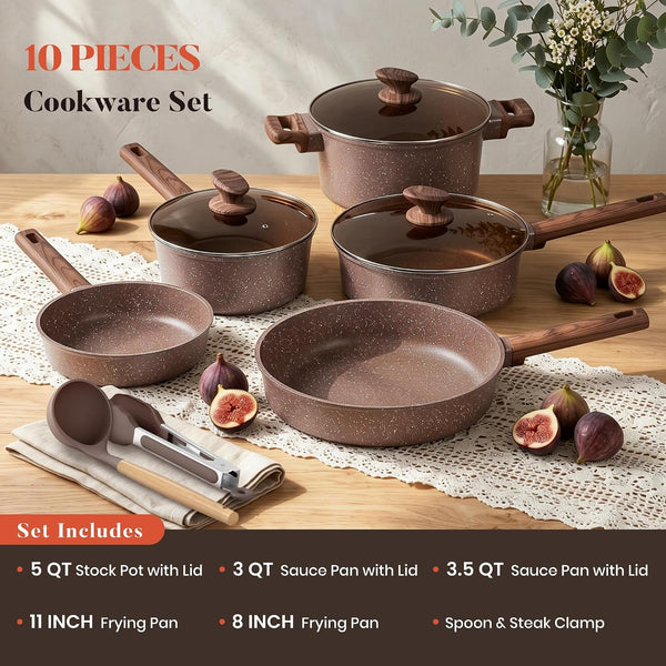 10Pcs Induction Pots & Pans Set Non Stick, Brown | Nonstick Cookware Set, Healthy Non Toxic Cooking Pans and Pots, Easy to Clean, PFOA&PFAS Free2