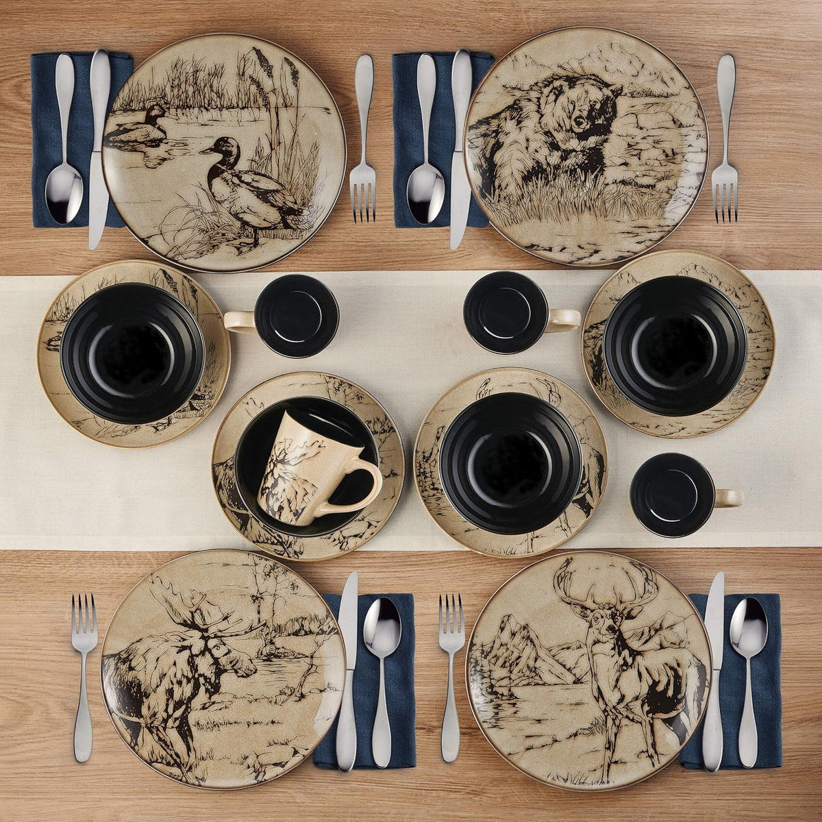 16-piece-stoneware-dinnerware-set-service-for-4-with-dinner-plates-salad-plates-bowls-and-mugs-lodge-style-wildlife-animal-sketch-design-dishwasher-and-microwave-safe