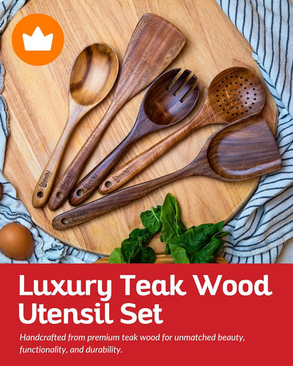Luxury Teak Wood Utensil Set - Elegant 6-Piece Cooking Ensemble Including Spoons, Server, Scraper & Spatula - Expertly Crafted for Culinary Excellence2