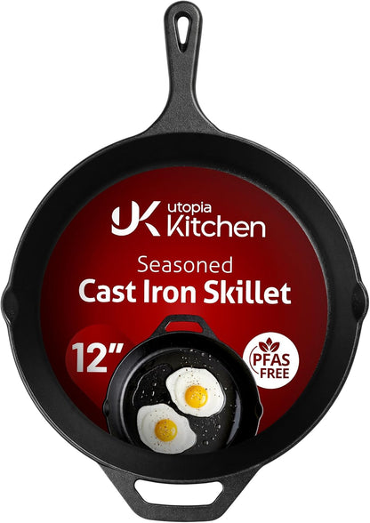 Cast Iron Skillet 12 Inch Pre-Seasoned Pfas-Free Black | Chef Pan, Even Heat Distribution, Stovetop, Oven, Campfire and Grill Safe, Large Skillet, Indoor Outdoor Use1