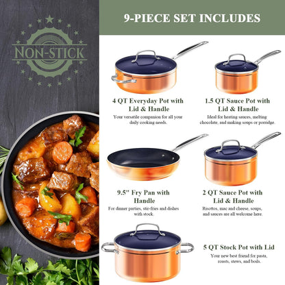 9Pc Cookware Set Healthy Duralon Blue Ceramic Nonstick Coated | Diamond Infused Scratch-Resistant, PFAS Free, Oven Safe, Induction Ready, Evenly Heats, Tempered Glass Lids, Stay-Cool Handle2