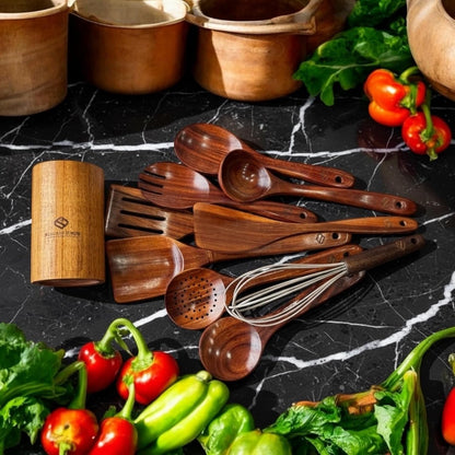 10-Piece Wooden Cooking Utensils – Premium Teak Wood Cooking Set Natural Wood Spoons & Spatulas for Nonstick Cookware – Heat Resistant Kitchen Tools Set, Eco-Friendly Kitchen Tools2