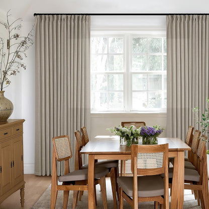 Burlywood Birch Pinch Pleated Linen 90 Inch Curtains 2 Panels | Thick Linen Textured, Flax Burlap Taupe, Pinch Pleat Drapes 90 Inches Long, Semi Sheer Curtains, for Dining Bedroom Office6