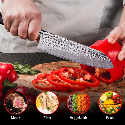 Eternity Series Japanese Santoku Knife with ABS Sheath, Professional Kitchen Knife, 9Cr18Mov Damascus Steel Blade, Resin Octagonal Handle, for Meat, Fruits, Vegetables, 7 Inches5