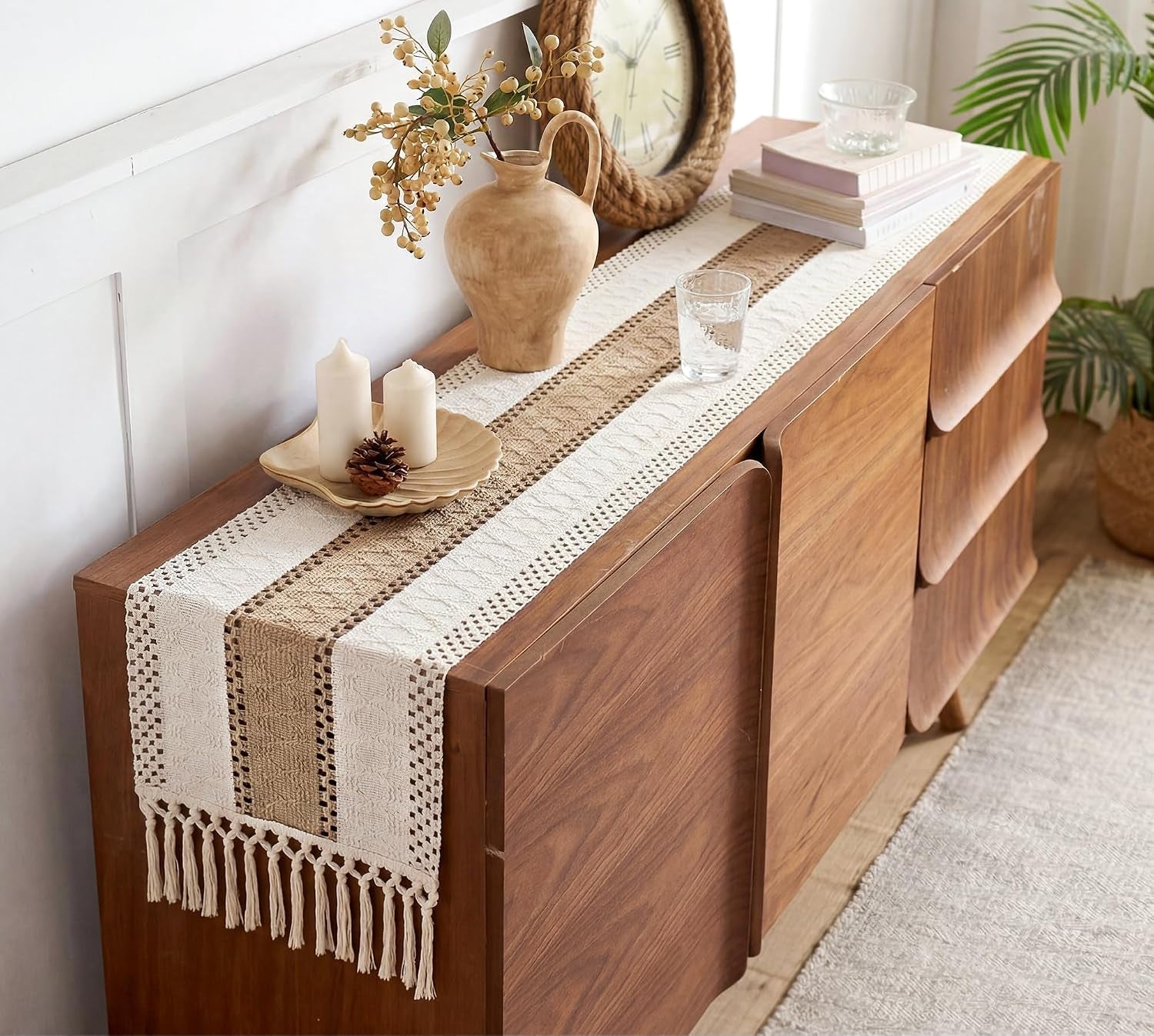 boho-table-runner-for-fall-home-decor-12x72-rustic-with-tassels-72-inches-long-farmhouse-kitchen-dining-room-macrame-burlap-coffee-table-decoration-dresser-runner-pottery-barn-furniture