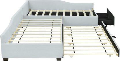 L Shaped Twin Corner Bed for 2 Kids, Upholstered Double Twin Platform Bedframe with Trundle and Drawer, Bluish8