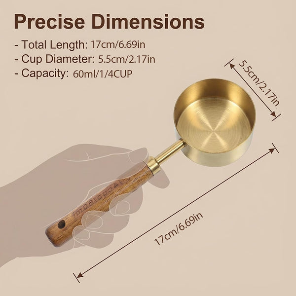 1/4 Cup Measuring Cup, 60Ml Stainless Steel Measuring Scoop Gold Coffee Scoop 4/3 Teaspoon with Wooden Handle for Baking Cooking Wet and Dry Ingredients2