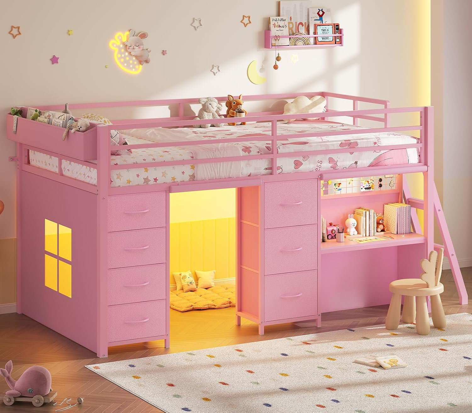 kids-low-loft-bed-twin-size-with-desk-and-7-storage-drawers-pink
