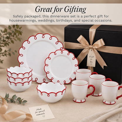 12-Piece Stoneware Dinnerware Set for 4, Glossy White Plates and Bowls Sets with Red Scalloped Rims, Premium Dish Set, Dishes for Hosting Parties, Birthday & Wedding Gifts, Splash of Cheers5