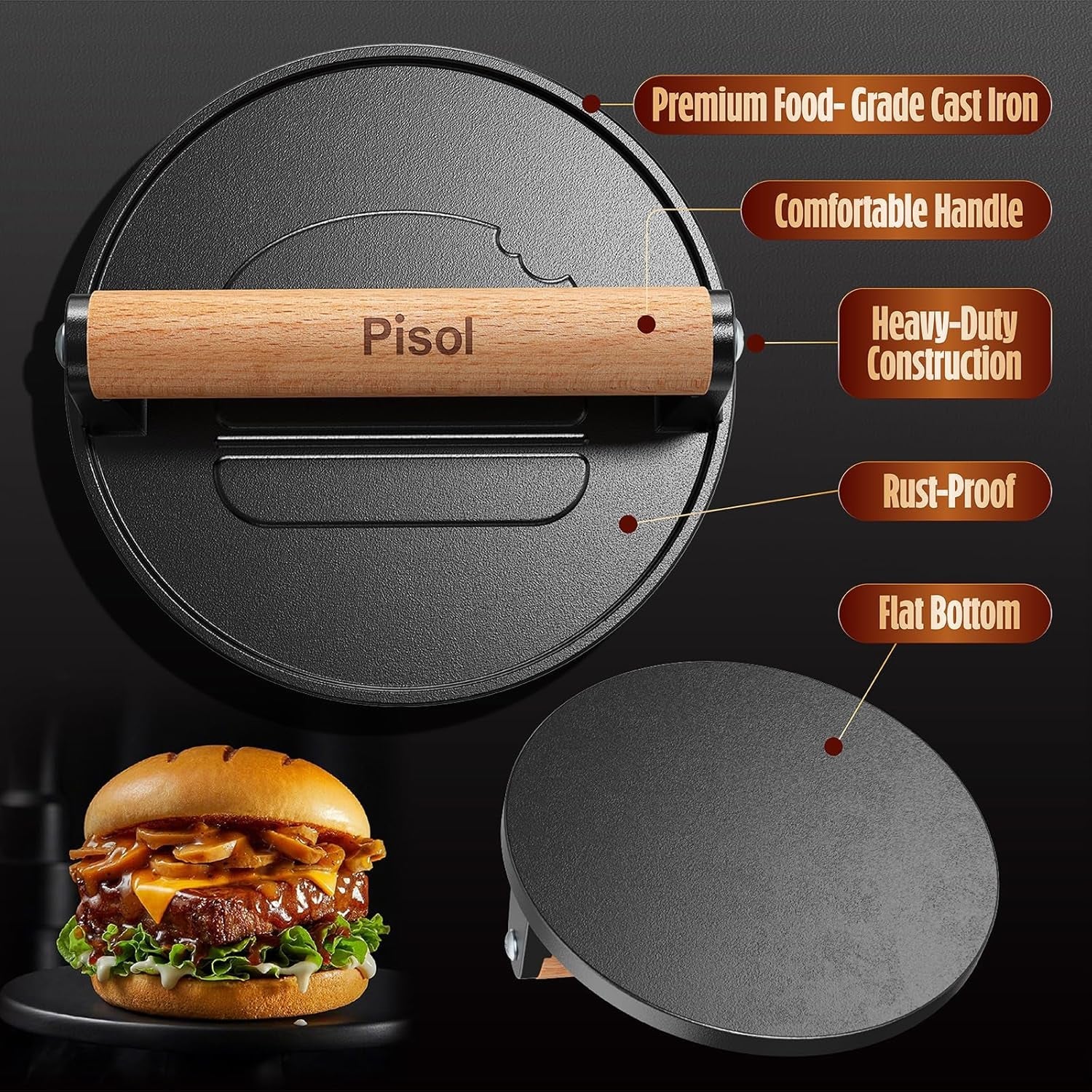 smash-burger-press-pre-seasoned-cast-iron-meat-press-tool-2-lb-rustproof-pre-seasoned-flat-bottom-wooden-handle-dishwasher-safe-no-stick-easy-to-clean-6-6-wide-weighs-2-pounds