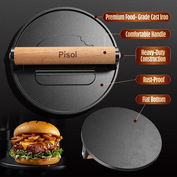 Smash Burger Press, Pre-Seasoned Cast Iron Meat Press Tool, 2 Lb | Rustproof, Pre-Seasoned, Flat Bottom, Wooden Handle, Dishwasher Safe, No Stick, Easy to Clean, 6.6'' Wide, Weighs 2 Pounds5