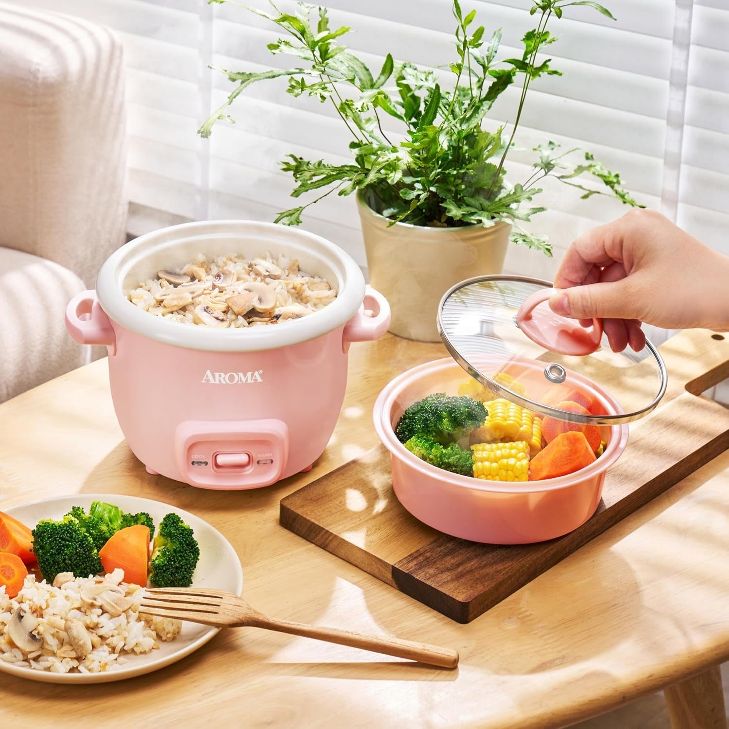 corecoat™-mini-rice-cooker-3-cups-cooked-with-nonstick-ceramic-pot-coating-glass-lid-and-pop-up-steamer-tray-0-8-quart