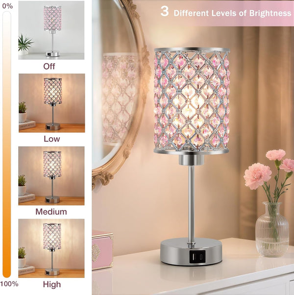 Pink Crystal Bedside Table Lamps Set of 2 with USB C+A Ports5
