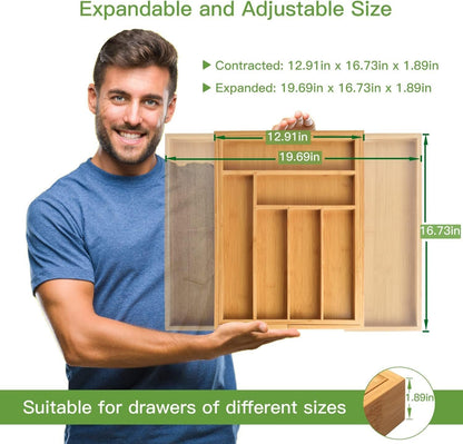Bamboo Expandable Silverware Drawer Organizer, Adjustable Kitchen Utensil Tray for Forks, Spoons and Knives, Wood Storage Cutlery Holder for Bedroom and Living Room3