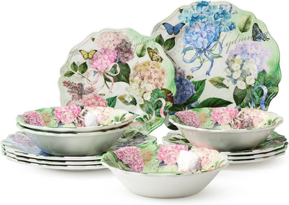 Garden Path Melamine 12-Piece Dinnerware Set - Hydrangea Design, Service for 4 with Dinner Plates, Salad Plates, and Bowls - Durable, Lightweight, and Dishwasher-Safe1