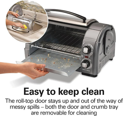 Easy Reach 4 Slice Countertop Toaster Oven | Roll-Top Door for Easy Access | Bake, Broil & Toast Functions | 200 to 450ºf Adjustable Temp | Auto Shutoff | Silver7