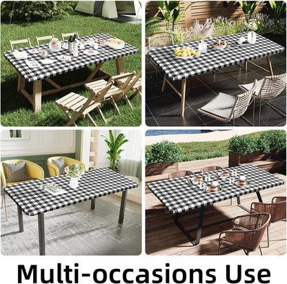 6 Foot Picnic Table Cloth, Flannel Backed Fitted Vinyl Tablecloths | Waterproof Elastic Rectangle Tablecloth ,Buffalo Plaid Table Covers for Dining, Camping, Outdoor (Black and White, 30" X 72")6