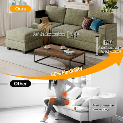 85'' L Shaped Couch with Armrest Organizer,Sectional,Movable Ottoman,Green7
