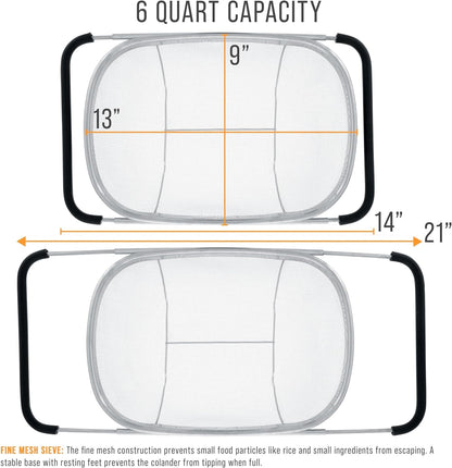 Stainless Steel Colander Strainer - 6-Quart Collapsible Colander with Expandable Rubber Handles - Rectangular Sieve, Fine Mesh Stainless Steel Strainers and Colanders for Kitchen3