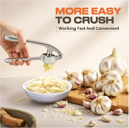 Kitchen Garlic Press, Rust Proof & Dishwasher Safe Garlic Mincer, Durable Garlic Crusher Set with Peeler＆Brush, Easy to Clean and Squeeze, Matte4