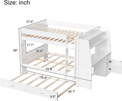 Bunk Bed Full over Full with Trundle,Desk and Bookshelve, White2