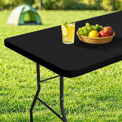 Rectangle Table Cloth Cover 6 Foot Black Elastic Fitted Tablecloth | Water-Resistant Polyester Tablecloth Fits 30" X 72" Folding Tables, Washable Table Protector for Picnic, Camping, Outdoor1