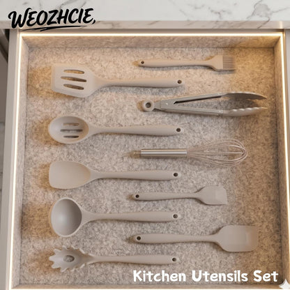 Silicone Kitchen Utensils Set,10 PCS Cooking Kitchen Utensils Set, Nonstick Kitchen Utensils 446°F Heat-Resistant Cookware Kitchen Tools of Spoon,Brush,Whisk,Spatula,Turner Tongs(Khaki)7