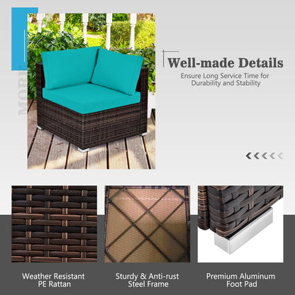 8 Piece Outdoor Wicker Sofa Set, Patio Rattan Conversation Set W/32” Propane Fire Pit Table & Tank Holder, 40,000 BTU Heat Output, Cozy Seat & Back Cushions, Fire Pit PVC Cover (Turquoise)5