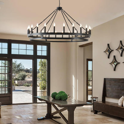 53 Inch Large Black Wagon Wheel Chandelier,Farmhouse Industrial Country Style round Pendant Light Fixture,Round Ceiling Light Fixtures for Outdoor Porch High Ceilings Living Foyer Entryway7