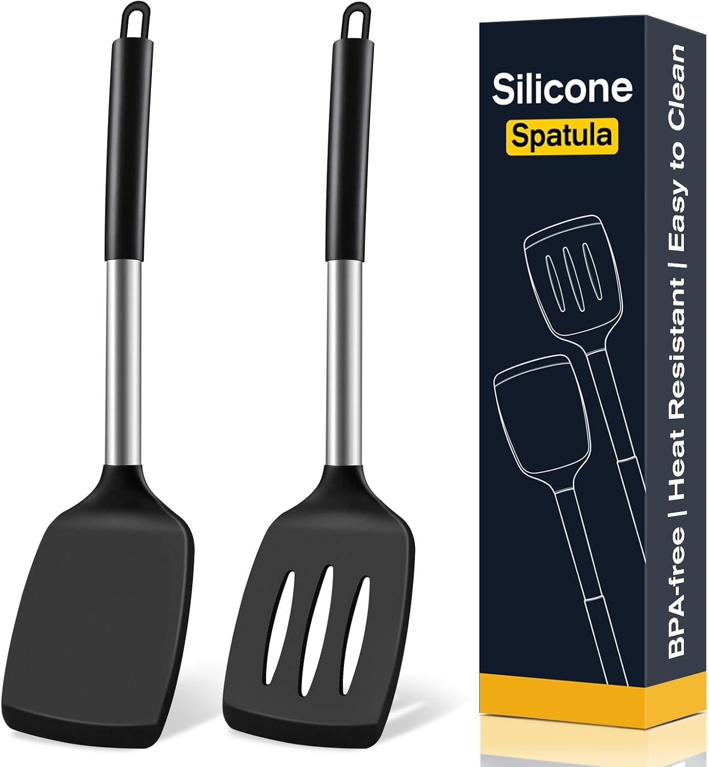 2-pack-silicone-spatula-set-solid-slotted-turner-for-non-stick-pans-high-heat-resistant-silicone-spatula-for-cooking-bpa-free-stainless-steel-cooking-utensils-for-fish-eggs-pancakes-black
