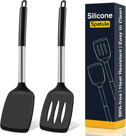 2 Pack Silicone Spatula Set, Solid & Slotted Turner for Non-Stick Pans, High Heat Resistant Silicone Spatula for Cooking, Bpa-Free Stainless Steel Cooking Utensils for Fish, Eggs, Pancakes, Black1