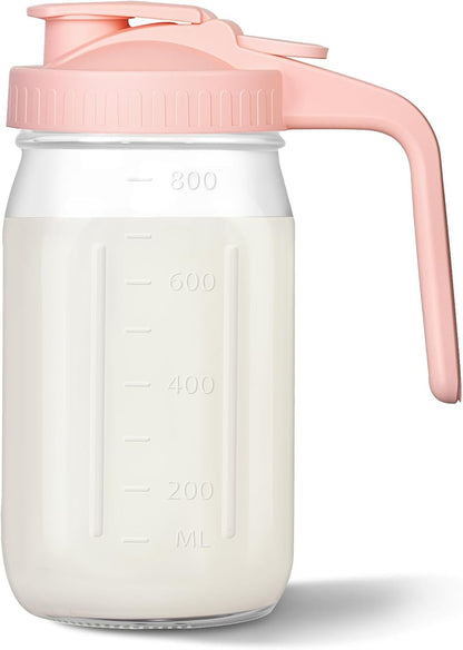 Mason Jar Pitcher, 32 Oz Glass Milk Pitcher, Wide Mouth & Leakproof Glass Pitcher with Lid for Milk, Sun Tea, Juice, Cold Brew Coffee and Drinks1