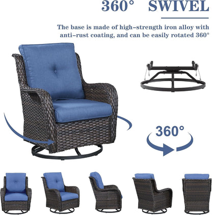 Wicker Outdoor Furniture Patio Furniture Set - 6 Piece Patio Conversation Set with Swivel Rocker Chairs, Rattan Sofa, Ottomans and Coffee Table, Blue Cushion6