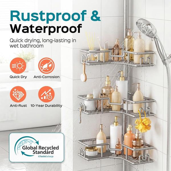 Corner Shower Shelves, 4-Tier Metal Tension Pole Caddy, Silver Gray2
