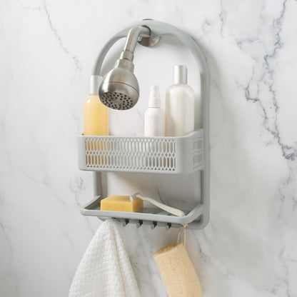 Molded Shower Caddy | Bathroom Storage | Hangs over Shower Head | 6 Accessory Hooks | Holds Razors | Washcloths | Accessories | Suction Cup Stability | Grey2