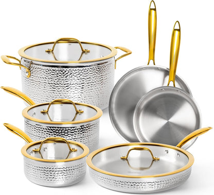 Triply Stainless Steel Pots and Pans Set, 10-Piece Hammered Stainless Steel Cookware Set with Golden Handle, Premium Induction Kitchen Cookware, Oven Safe1