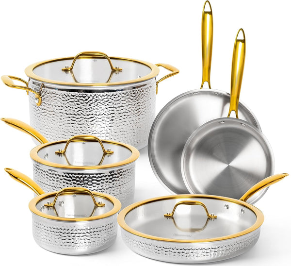 Triply Stainless Steel Pots and Pans Set, 10-Piece Hammered Stainless Steel Cookware Set with Golden Handle, Premium Induction Kitchen Cookware, Oven Safe1
