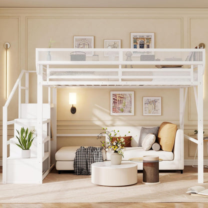 Queen Size Loft Bed with Stairs and Storage, Metal Loft Bed Frame with Bedside Shelf and Large Under-Bed Space, Heavy-Duty Loft Beds for Adults Teens and Kids, Convertible Staircase, White9