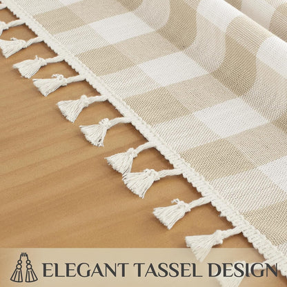 Checkered Tablecloth Rectangle, Outdoor Linen Cotton Gingham Table Cloth with Tassel, Heavy Duty Wrinkle Free Buffalo Plaid Table Cover for Kitchen Dining Summer Party - 55 X 84 Inch, Beige5