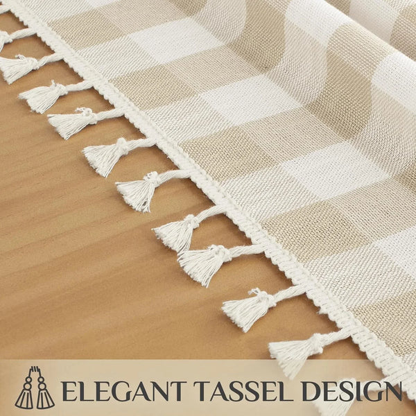 Checkered Tablecloth Rectangle, Outdoor Linen Cotton Gingham Table Cloth with Tassel, Heavy Duty Wrinkle Free Buffalo Plaid Table Cover for Kitchen Dining Summer Party - 55 X 84 Inch, Beige5