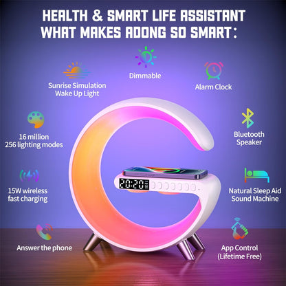 4 in 1 Smart LED Table Lamp, Alarm Clock, Wireless Charger, Night Light, Bluetooth Speaker with App Control, Bedside Lamp for Bedroom, Office, Home Decor, Family, Girls Boys Birthday Festival Gifts2