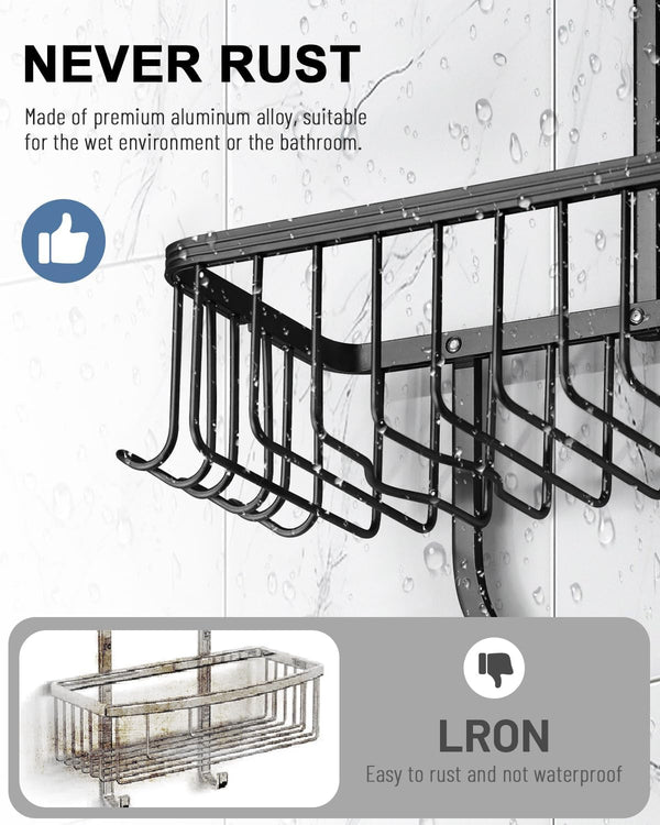 Shower Caddy Hanging - Never Rust Shower Hanging Organizer - Aluminum over the Showerhead Caddy with Soap Basket and 6 Hooks for Razor/Sponge (Black)4