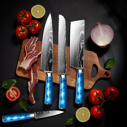 10-Piece Premium Japanese Kitchen Knife Set - Star Collection, Laser Damascus Pattern, 440A Stainless Steel Ultra Sharp for Fast Cutting (Blue)6